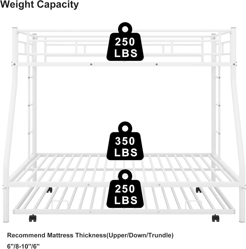 Merax Triple Bunk Beds, Twin Over Full Bunk Bed with Trundle,Sturdy Steel Bunk Beds Frame for 3 Kids/Teens with Two Side Ladders and Safety Guard Rail,White Color - Grand Goldman