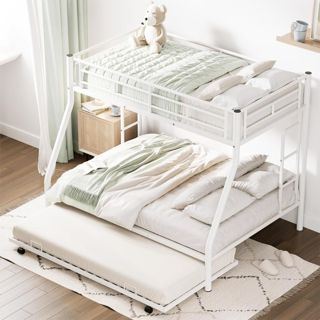 Merax Triple Bunk Beds, Twin Over Full Bunk Bed with Trundle,Sturdy Steel Bunk Beds Frame for 3 Kids/Teens with Two Side Ladders and Safety Guard Rail,White Color - Grand Goldman