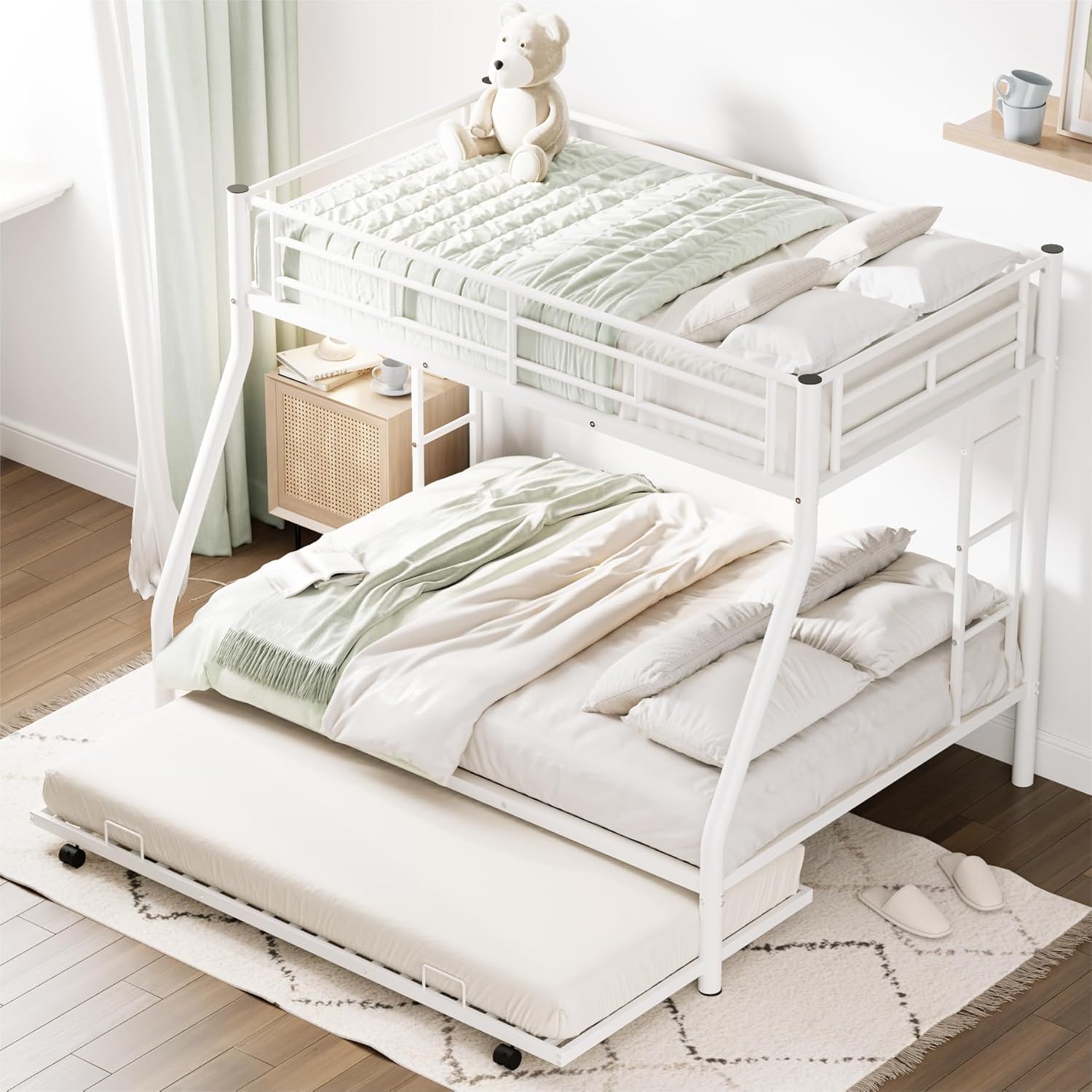 Merax Triple Bunk Beds, Twin Over Full Bunk Bed with Trundle,Sturdy Steel Bunk Beds Frame for 3 Kids/Teens with Two Side Ladders and Safety Guard Rail,White Color - Grand Goldman