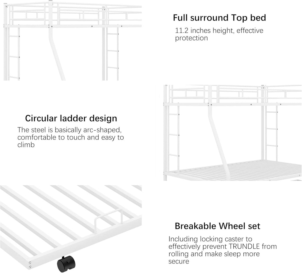 Merax Triple Bunk Beds, Twin Over Full Bunk Bed with Trundle,Sturdy Steel Bunk Beds Frame for 3 Kids/Teens with Two Side Ladders and Safety Guard Rail,White Color - Grand Goldman