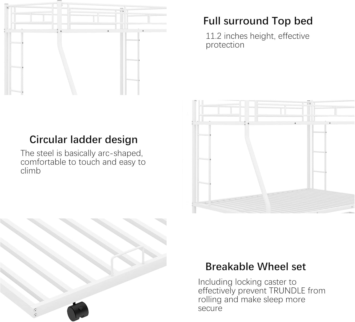 Merax Triple Bunk Beds, Twin Over Full Bunk Bed with Trundle,Sturdy Steel Bunk Beds Frame for 3 Kids/Teens with Two Side Ladders and Safety Guard Rail,White Color - Grand Goldman