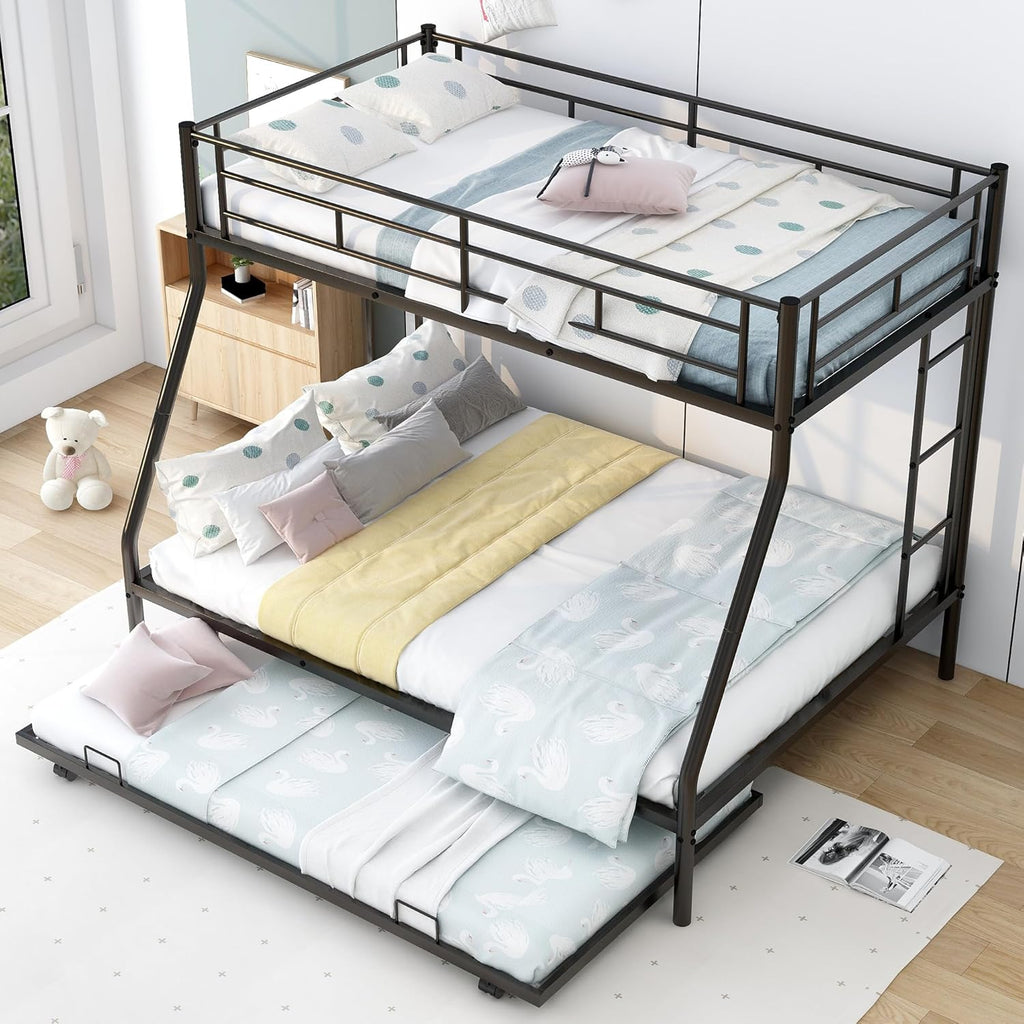 Merax Triple Bunk Beds, Twin Over Full Bunk Bed with Trundle,Sturdy Steel Bunk Beds Frame for 3 Kids/Teens with Two Side Ladders and Safety Guard Rail,White Color - Grand Goldman