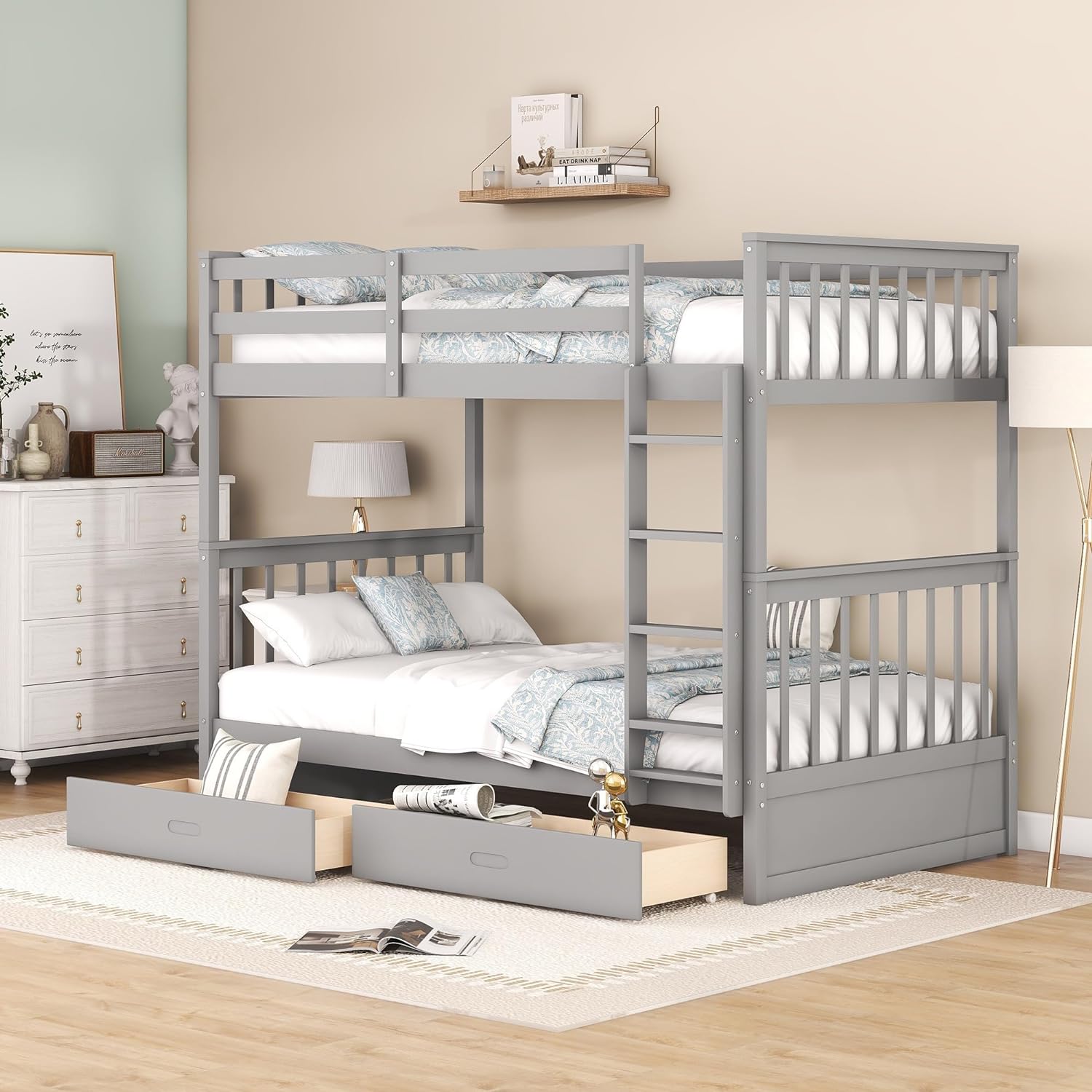 Merax Wood Bunk Bed with Drawers,Convertible Wood Bunk Bed with Ladders and Two Storage Drawers,Solid Wood Detachable Bunk Bed Frame with Ladders,Full Over Full,Grey - Grand Goldman