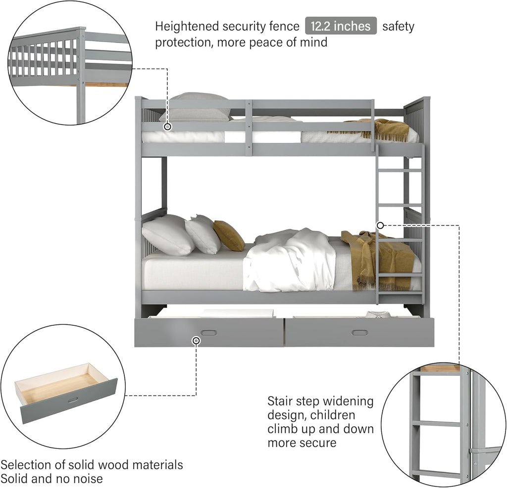 Merax Wood Bunk Bed with Drawers,Convertible Wood Bunk Bed with Ladders and Two Storage Drawers,Solid Wood Detachable Bunk Bed Frame with Ladders,Full Over Full,Grey - Grand Goldman
