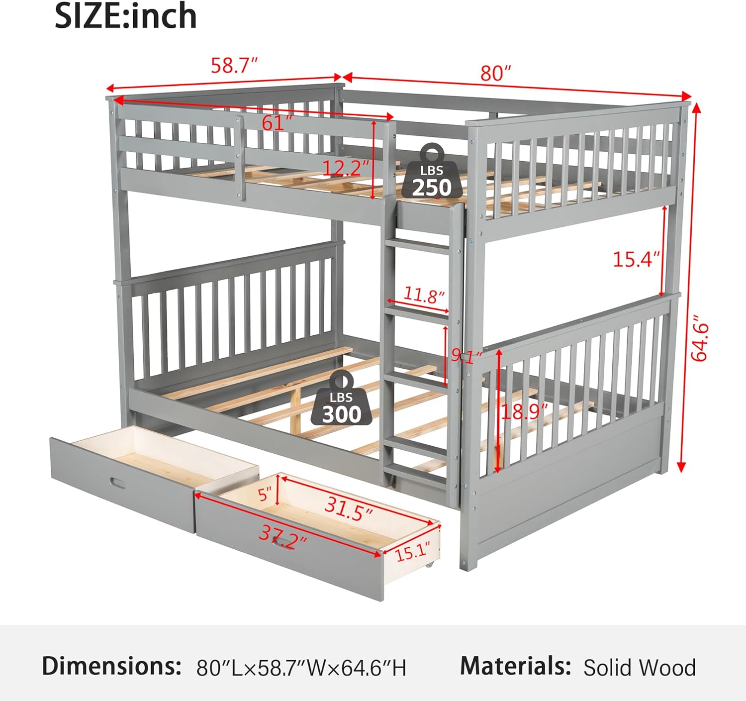 Merax Wood Bunk Bed with Drawers,Convertible Wood Bunk Bed with Ladders and Two Storage Drawers,Solid Wood Detachable Bunk Bed Frame with Ladders,Full Over Full,Grey - Grand Goldman
