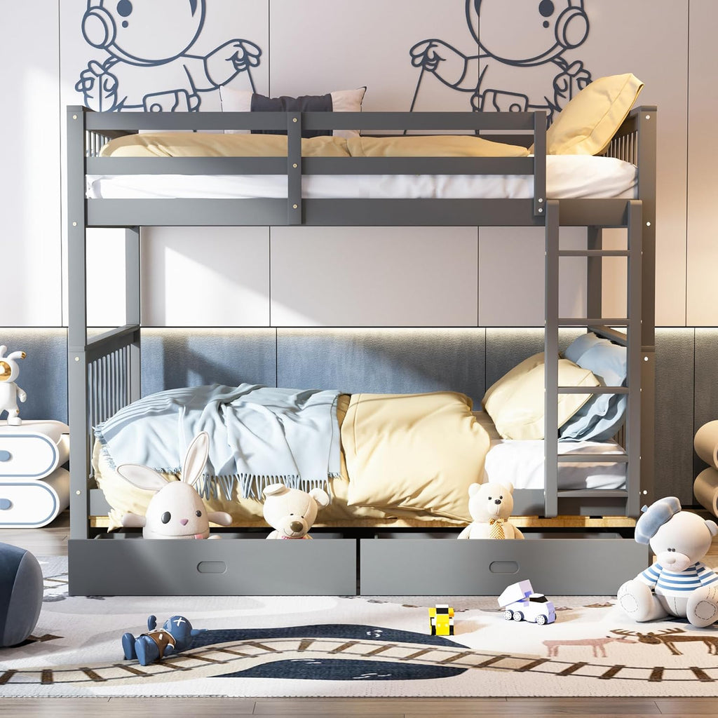 Merax Wood Bunk Bed with Drawers,Convertible Wood Bunk Bed with Ladders and Two Storage Drawers,Solid Wood Detachable Bunk Bed Frame with Ladders,Full Over Full,Grey - Grand Goldman