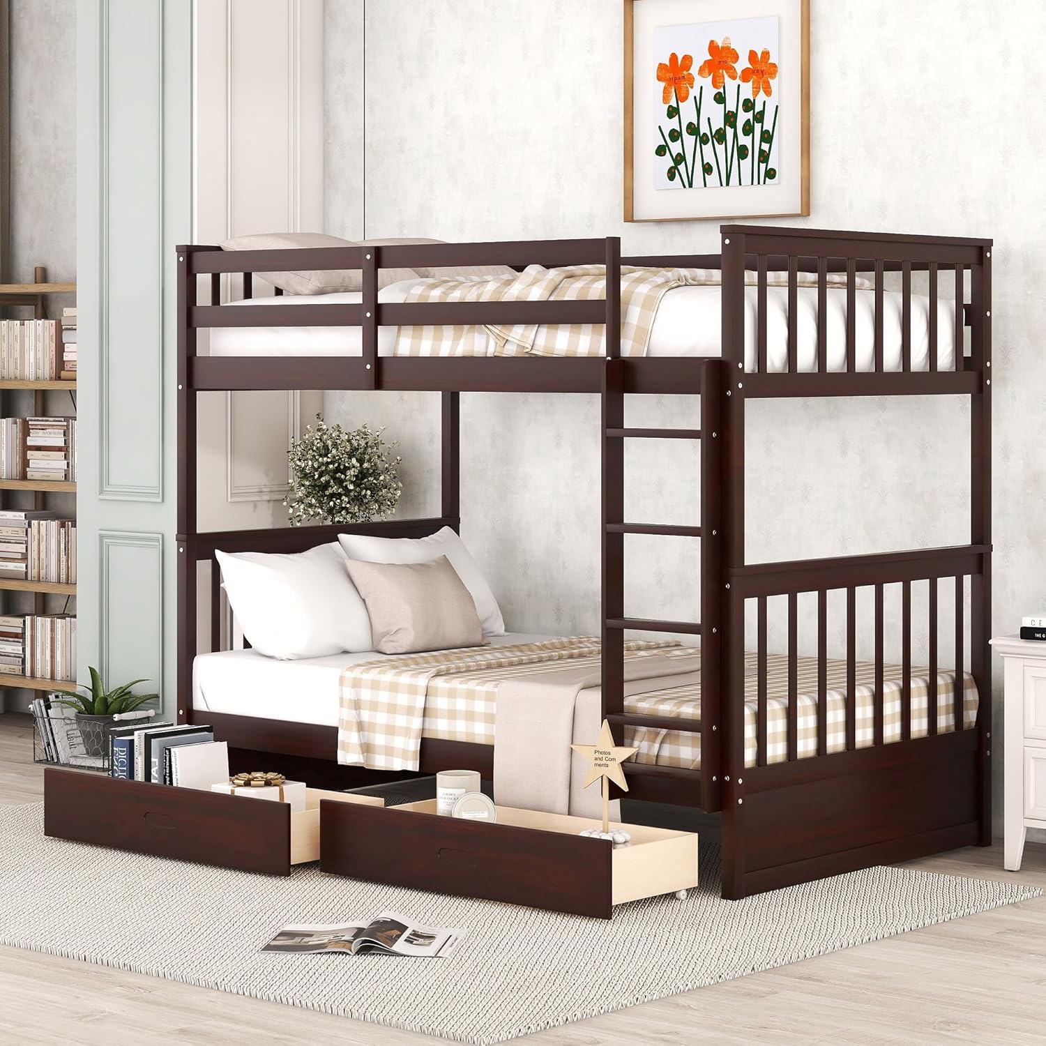 Merax Wood Bunk Bed with Drawers,Convertible Wood Bunk Bed with Ladders and Two Storage Drawers,Solid Wood Detachable Bunk Bed Frame with Ladders,Full Over Full,Grey - Grand Goldman