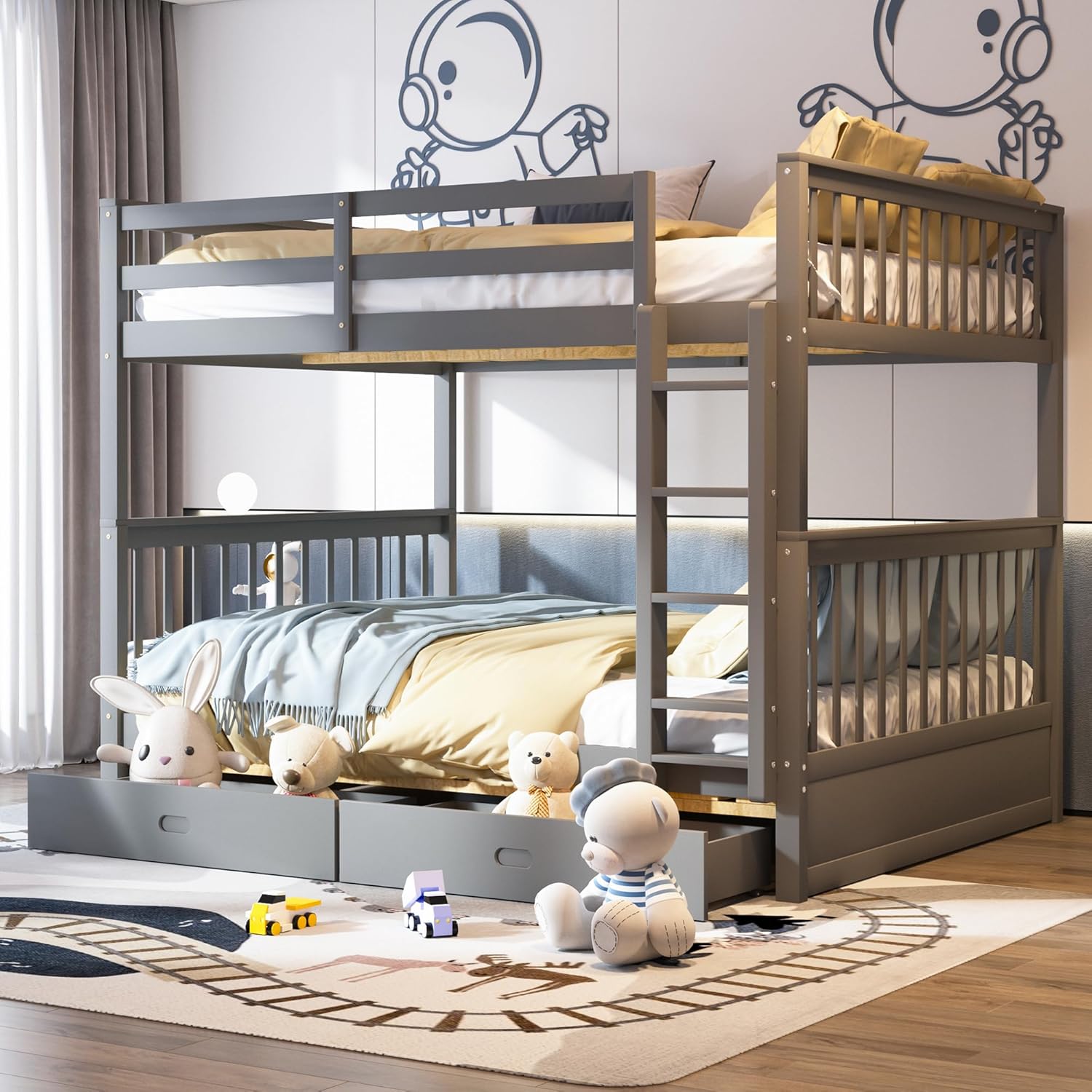 Merax Wood Bunk Bed with Drawers,Convertible Wood Bunk Bed with Ladders and Two Storage Drawers,Solid Wood Detachable Bunk Bed Frame with Ladders,Full Over Full,Grey - Grand Goldman