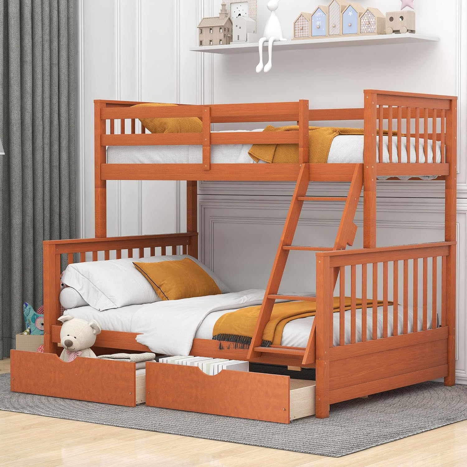 Merax Wood Bunk Bed with Drawers,Convertible Wood Bunk Bed with Ladders and Two Storage Drawers,Solid Wood Detachable Bunk Bed Frame with Ladders,Full Over Full,Grey - Grand Goldman