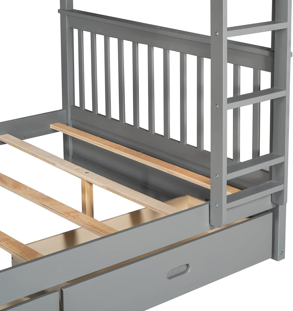 Merax Wood Bunk Bed with Drawers,Convertible Wood Bunk Bed with Ladders and Two Storage Drawers,Solid Wood Detachable Bunk Bed Frame with Ladders,Full Over Full,Grey - Grand Goldman