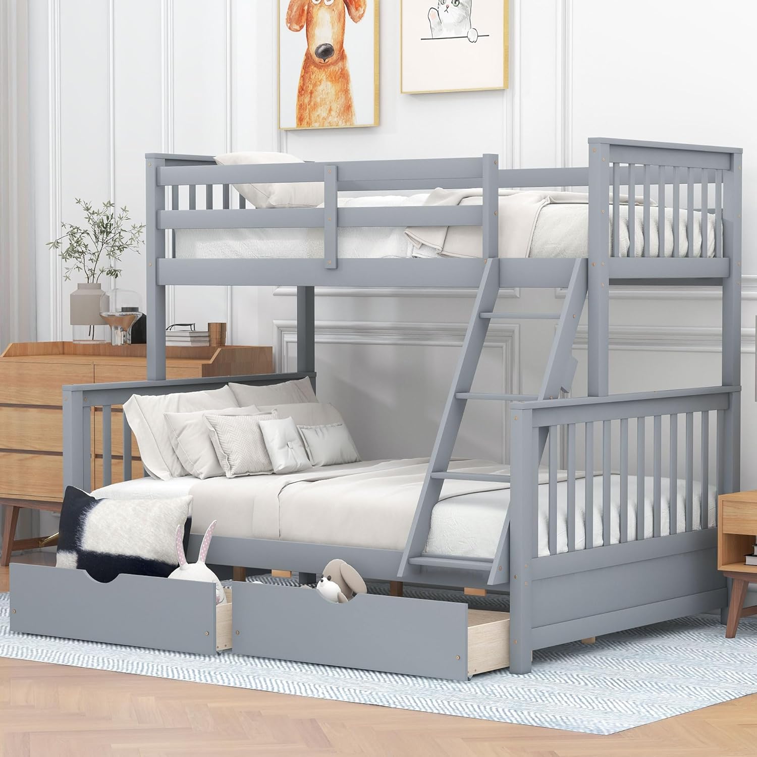 Merax Wood Bunk Bed with Drawers,Convertible Wood Bunk Bed with Ladders and Two Storage Drawers,Solid Wood Detachable Bunk Bed Frame with Ladders,Full Over Full,Grey - Grand Goldman