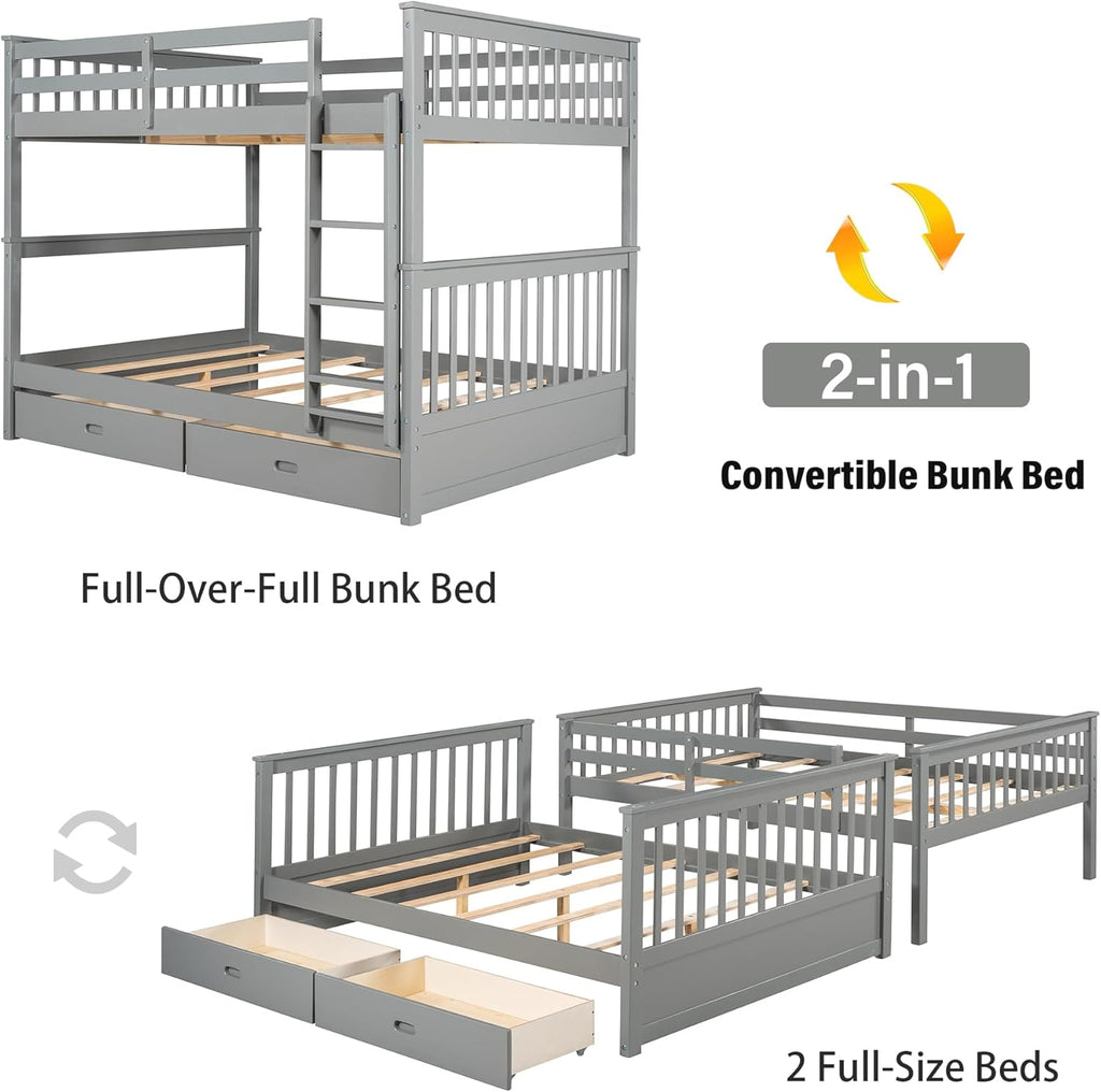 Merax Wood Bunk Bed with Drawers,Convertible Wood Bunk Bed with Ladders and Two Storage Drawers,Solid Wood Detachable Bunk Bed Frame with Ladders,Full Over Full,Grey - Grand Goldman