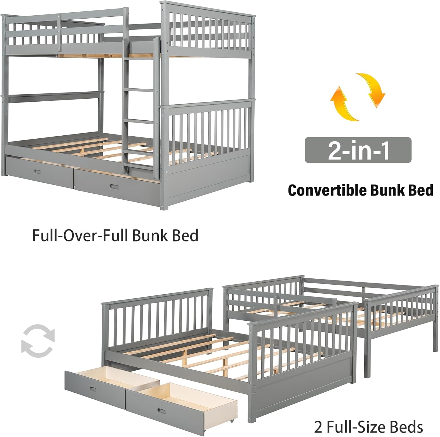 Merax Wood Bunk Bed with Drawers,Convertible Wood Bunk Bed with Ladders and Two Storage Drawers,Solid Wood Detachable Bunk Bed Frame with Ladders,Full Over Full,Grey - Grand Goldman