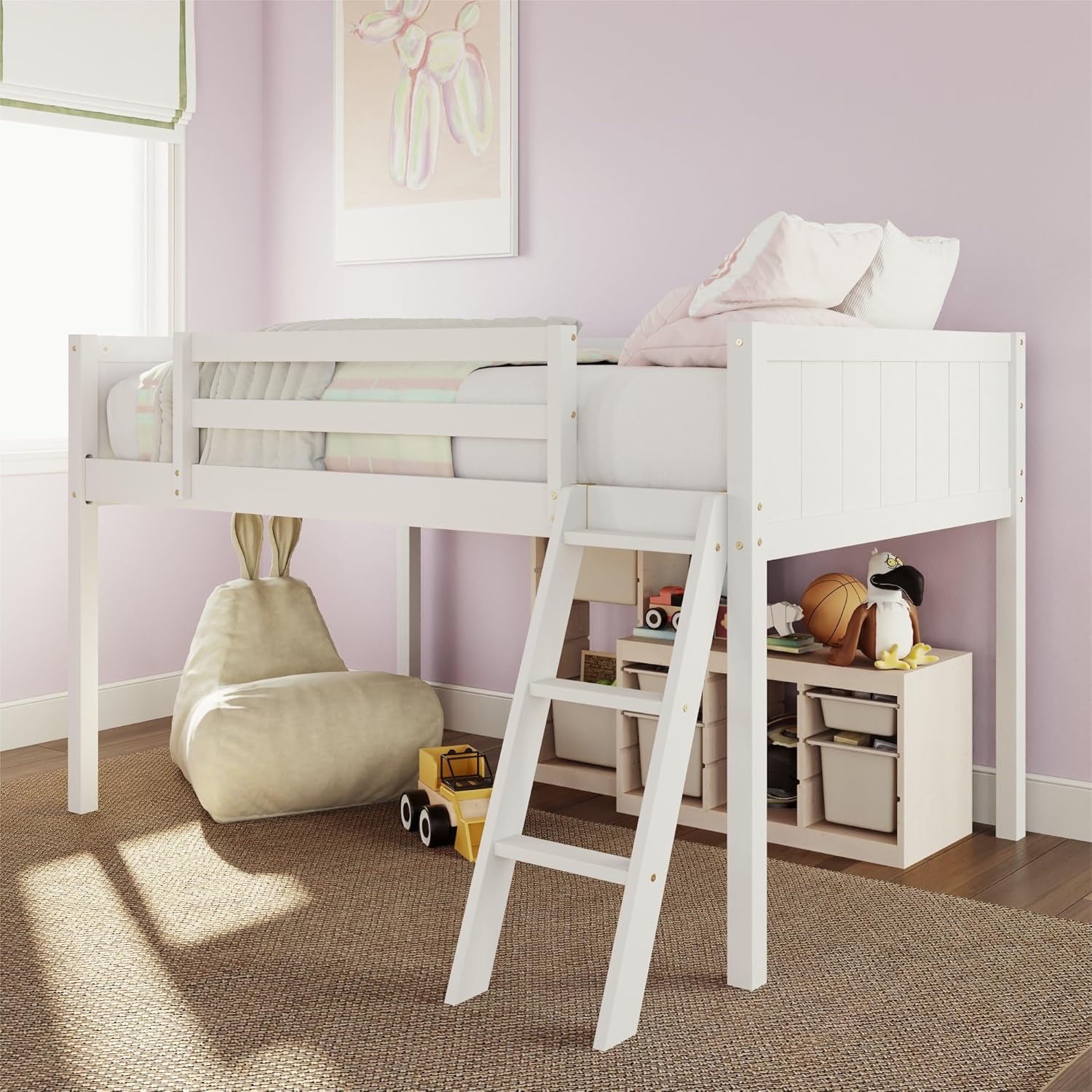 Merax Wood Low Loft Bed with Ladder,Wooden Low Loft Bed with Guardrail for Kids or Teens,Space Saving,No Box Spring Needed,Twin Size, White Color - Grand Goldman