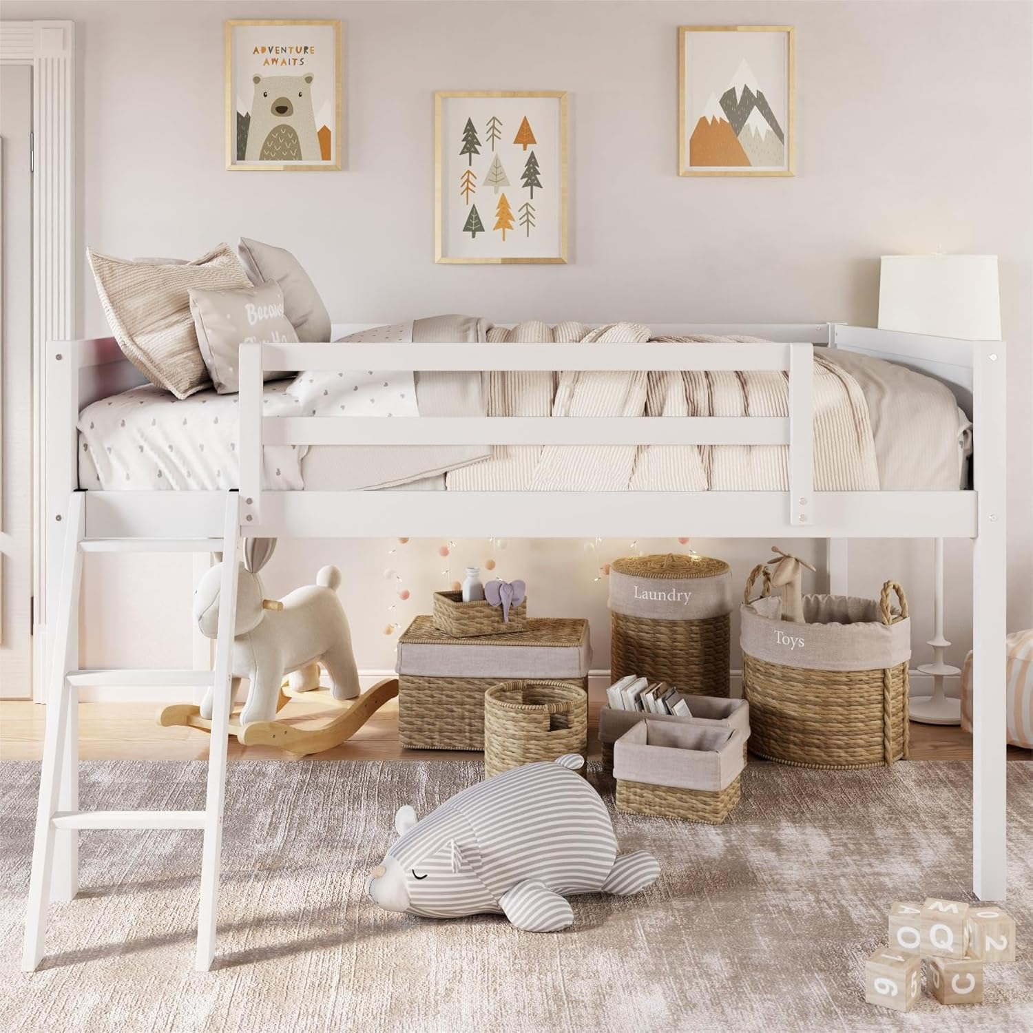 Merax Wood Low Loft Bed with Ladder,Wooden Low Loft Bed with Guardrail for Kids or Teens,Space Saving,No Box Spring Needed,Twin Size, White Color - Grand Goldman