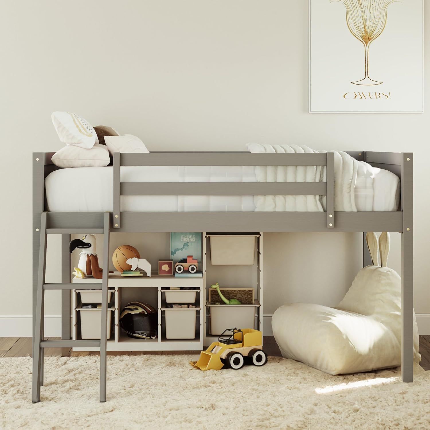 Merax Wood Low Loft Bed with Ladder,Wooden Low Loft Bed with Guardrail for Kids or Teens,Space Saving,No Box Spring Needed,Twin Size, White Color - Grand Goldman