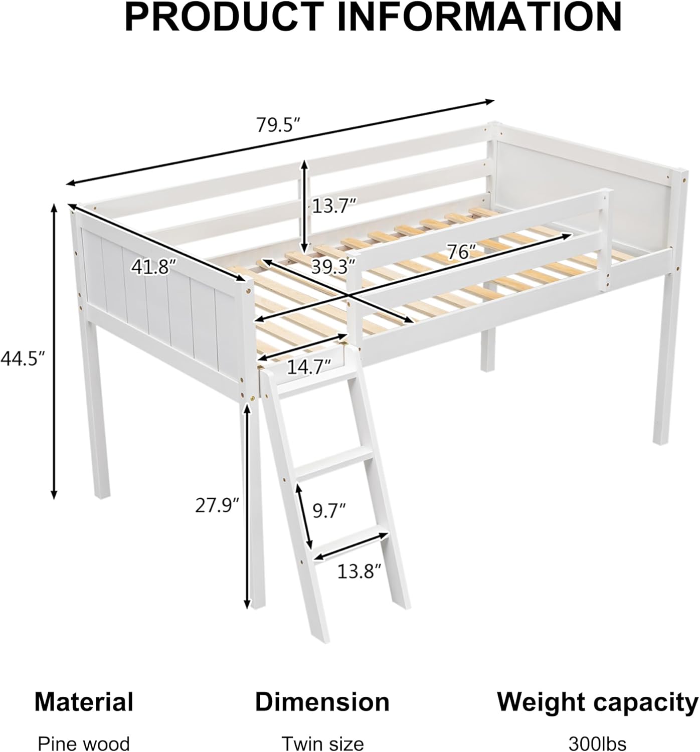 Merax Wood Low Loft Bed with Ladder,Wooden Low Loft Bed with Guardrail for Kids or Teens,Space Saving,No Box Spring Needed,Twin Size, White Color - Grand Goldman