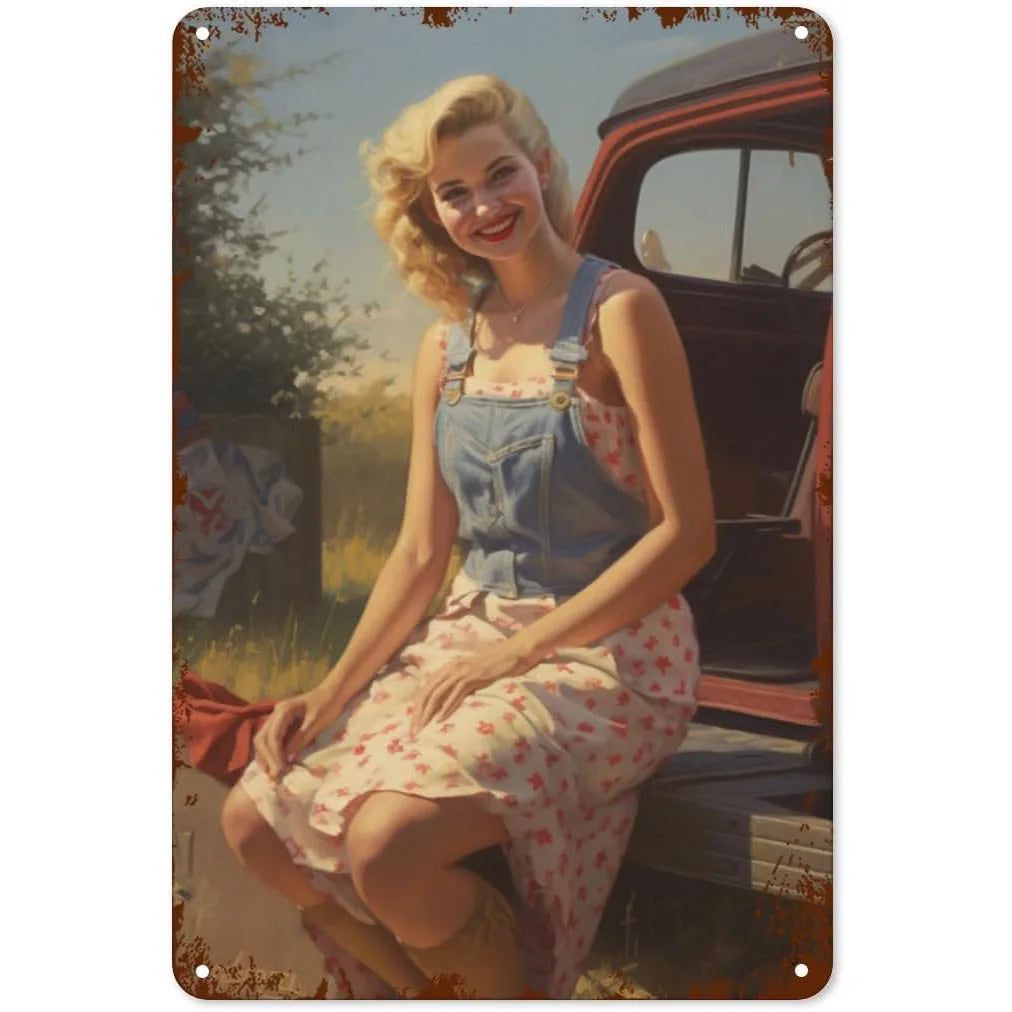 Metal Tin Signs Pin Up Girls Woman Car Sexy Girl Vintage Funny Art Wall Decorations for Home Man Cave Garage Cafe Bars Clubs - Grand Goldman