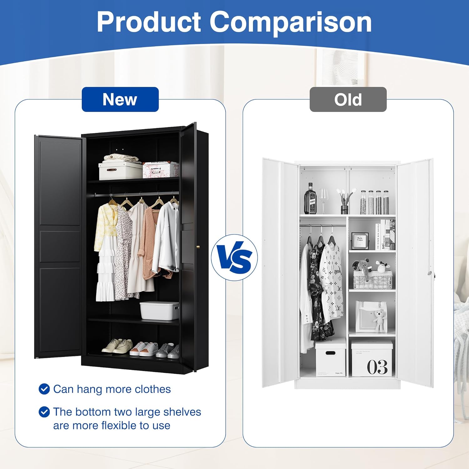 Metal Armoire Wardrobe Closet with 2 Doors 72'' Wardrobe Cabinet with Hanging Rail Metal Closet with Adjustable Shelves for Bedroom Require Assembly (Black, 72inch) - Grand Goldman