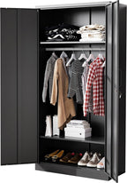 Metal Armoire Wardrobe Closet with 2 Doors 72'' Wardrobe Cabinet with Hanging Rail Metal Closet with Adjustable Shelves for Bedroom Require Assembly (Black, 72inch) - Grand Goldman