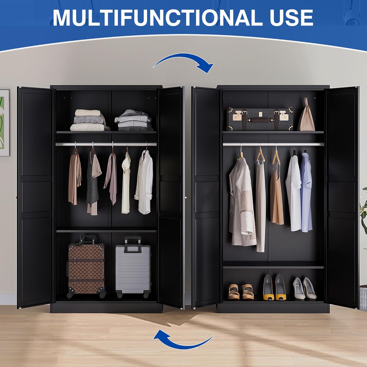 Metal Armoire Wardrobe Closet with 2 Doors 72'' Wardrobe Cabinet with Hanging Rail Metal Closet with Adjustable Shelves for Bedroom Require Assembly (Black, 72inch) - Grand Goldman