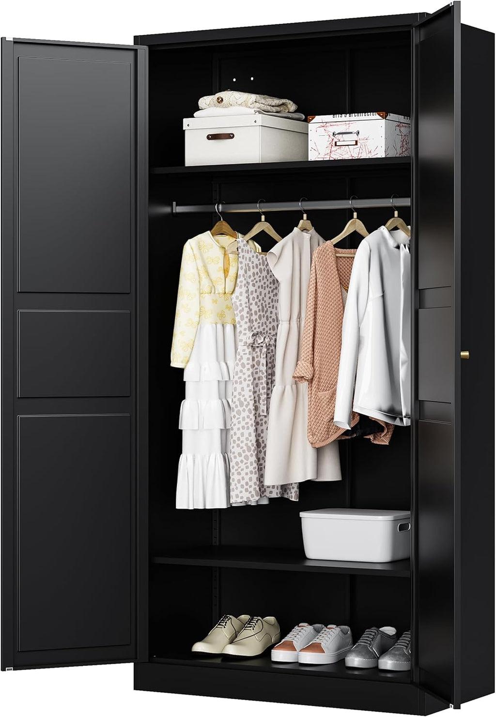 Metal Armoire Wardrobe Closet with 2 Doors 72'' Wardrobe Cabinet with Hanging Rail Metal Closet with Adjustable Shelves for Bedroom Require Assembly (Black, 72inch) - Grand Goldman