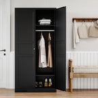 Metal Armoire Wardrobe Closet with 2 Doors 72'' Wardrobe Cabinet with Hanging Rail Metal Closet with Adjustable Shelves for Bedroom Require Assembly (Black, 72inch) - Grand Goldman