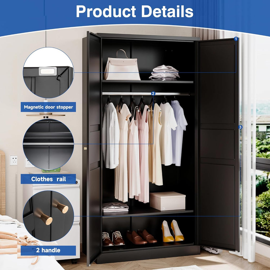 Metal Armoire Wardrobe Closet with 2 Doors 72'' Wardrobe Cabinet with Hanging Rail Metal Closet with Adjustable Shelves for Bedroom Require Assembly (Black, 72inch) - Grand Goldman