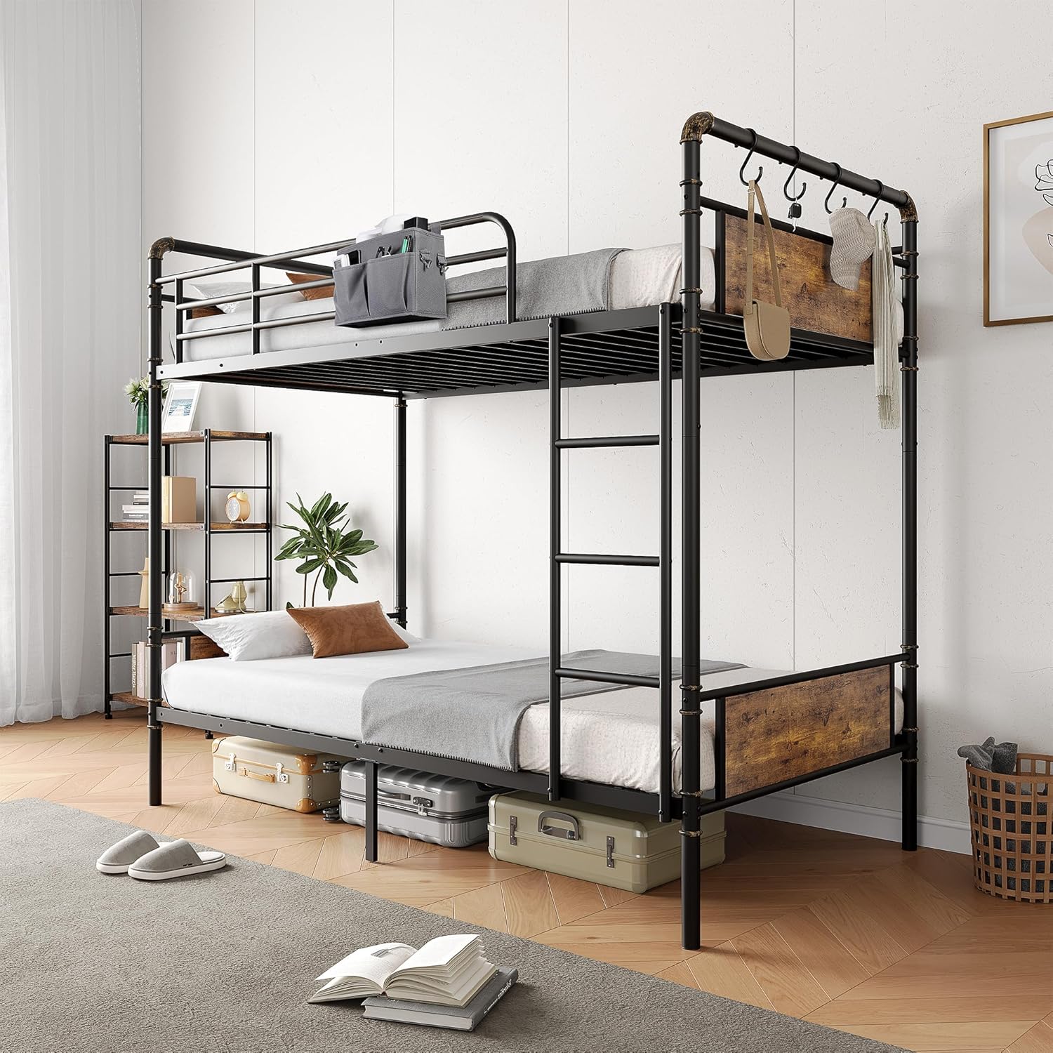 Metal Bunk Bed Twin Over Twin, Industrial Bunkbeds with Heavy Duty Bed with Safety Guard Rails and Space-Saving Design, Steel Bed for School, Bedroom (Vintage Brown) - Grand Goldman
