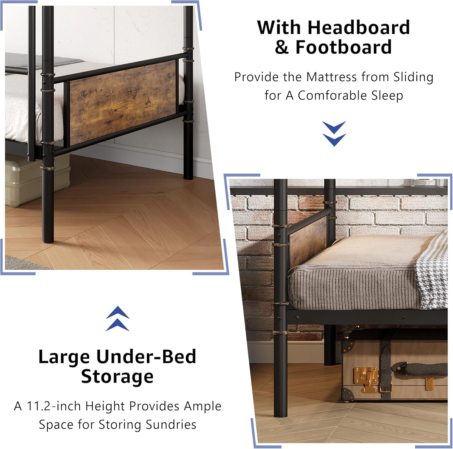 Metal Bunk Bed Twin Over Twin, Industrial Bunkbeds with Heavy Duty Bed with Safety Guard Rails and Space-Saving Design, Steel Bed for School, Bedroom (Vintage Brown) - Grand Goldman