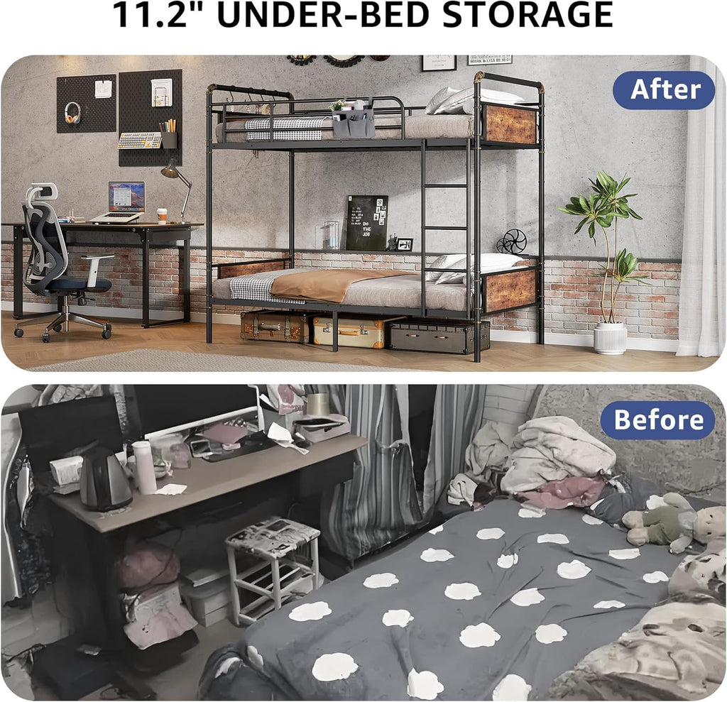 Metal Bunk Bed Twin Over Twin, Industrial Bunkbeds with Heavy Duty Bed with Safety Guard Rails and Space-Saving Design, Steel Bed for School, Bedroom (Vintage Brown) - Grand Goldman