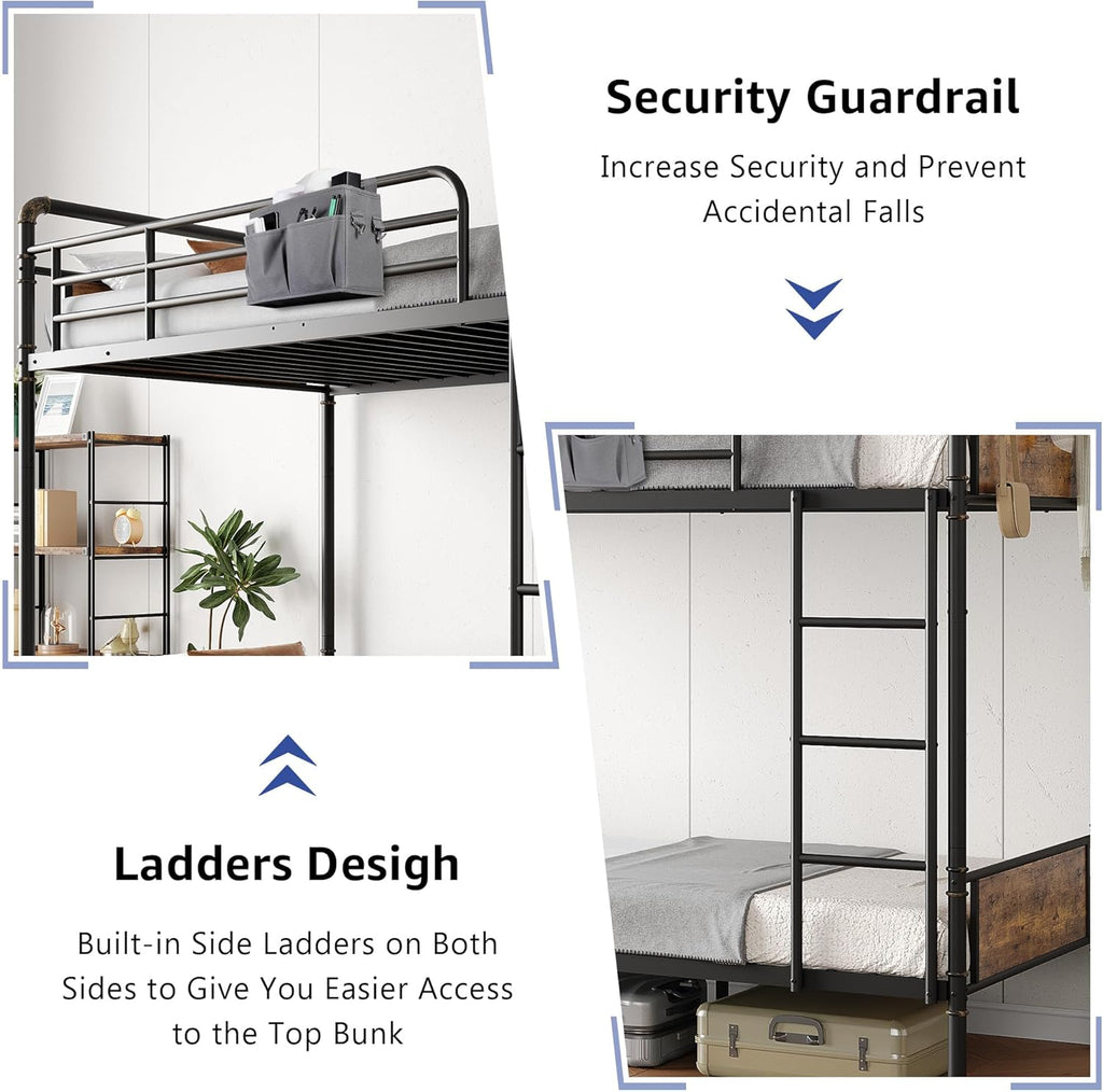 Metal Bunk Bed Twin Over Twin, Industrial Bunkbeds with Heavy Duty Bed with Safety Guard Rails and Space-Saving Design, Steel Bed for School, Bedroom (Vintage Brown) - Grand Goldman