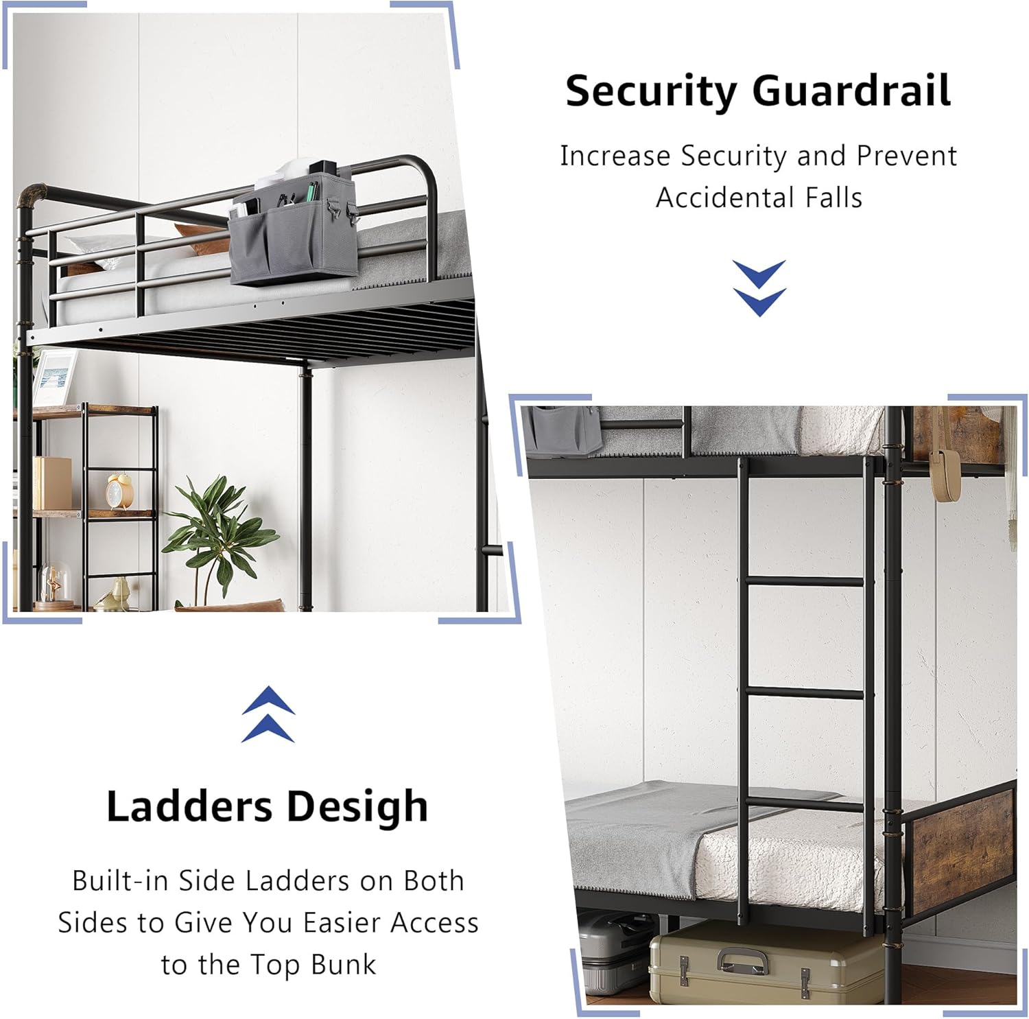 Metal Bunk Bed Twin Over Twin, Industrial Bunkbeds with Heavy Duty Bed with Safety Guard Rails and Space-Saving Design, Steel Bed for School, Bedroom (Vintage Brown) - Grand Goldman