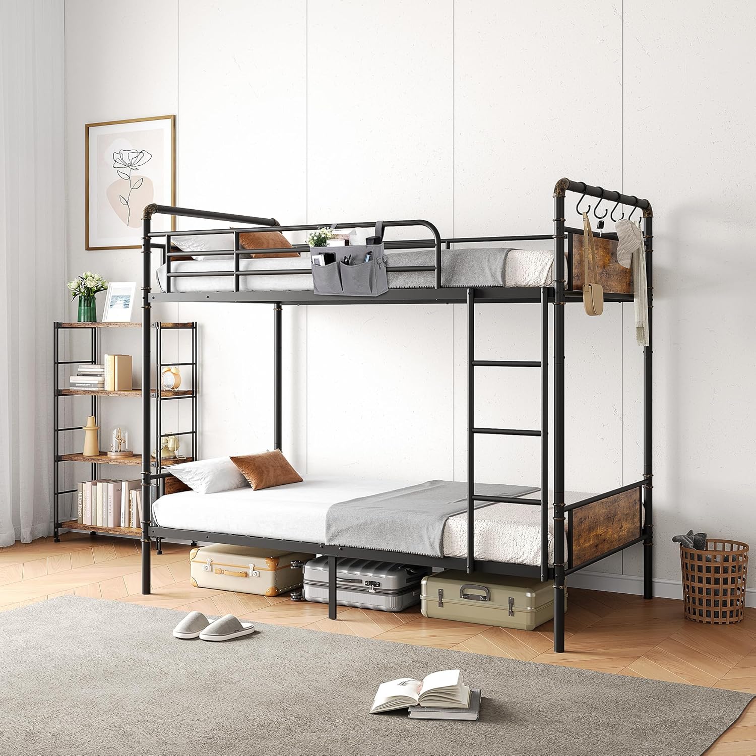 Metal Bunk Bed Twin Over Twin, Industrial Bunkbeds with Heavy Duty Bed with Safety Guard Rails and Space-Saving Design, Steel Bed for School, Bedroom (Vintage Brown) - Grand Goldman
