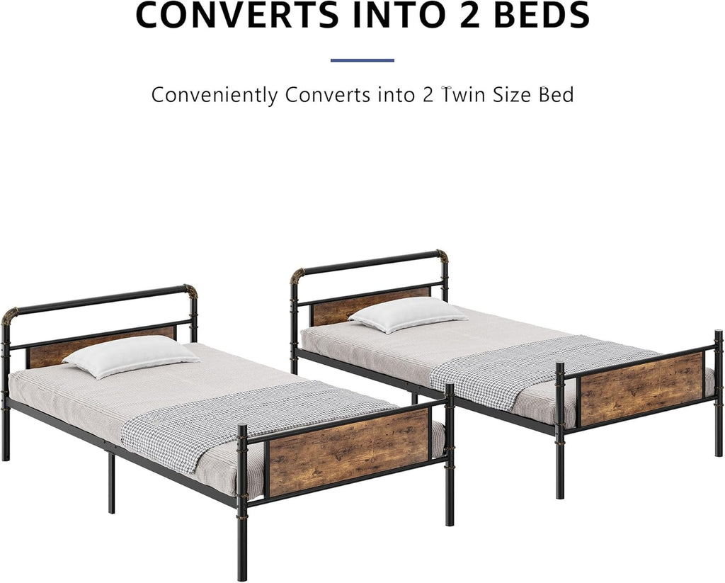 Metal Bunk Bed Twin Over Twin, Industrial Bunkbeds with Heavy Duty Bed with Safety Guard Rails and Space-Saving Design, Steel Bed for School, Bedroom (Vintage Brown) - Grand Goldman