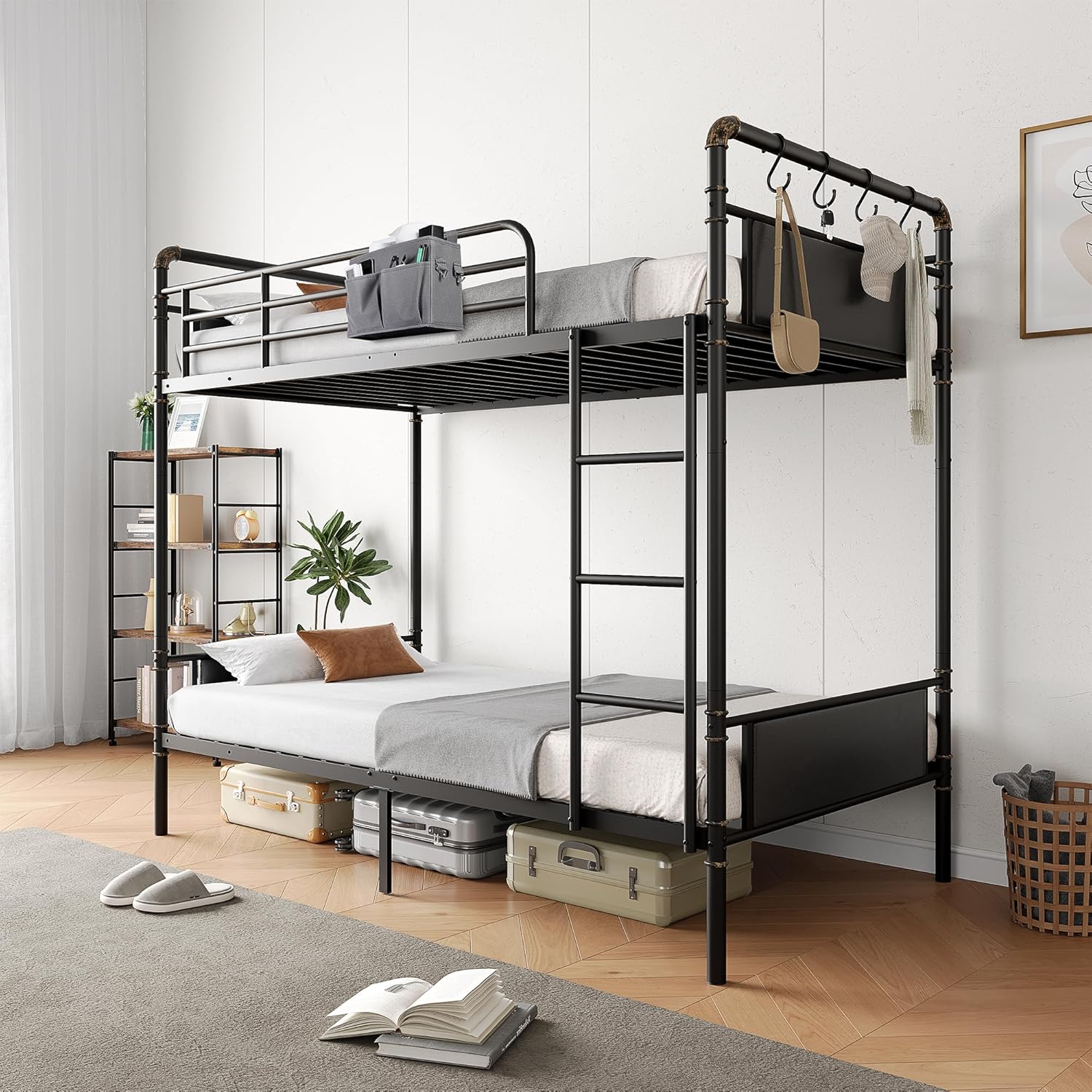Metal Bunk Bed Twin Over Twin, Industrial Bunkbeds with Heavy Duty Bed with Safety Guard Rails and Space-Saving Design, Steel Bed for School, Bedroom (Vintage Brown) - Grand Goldman