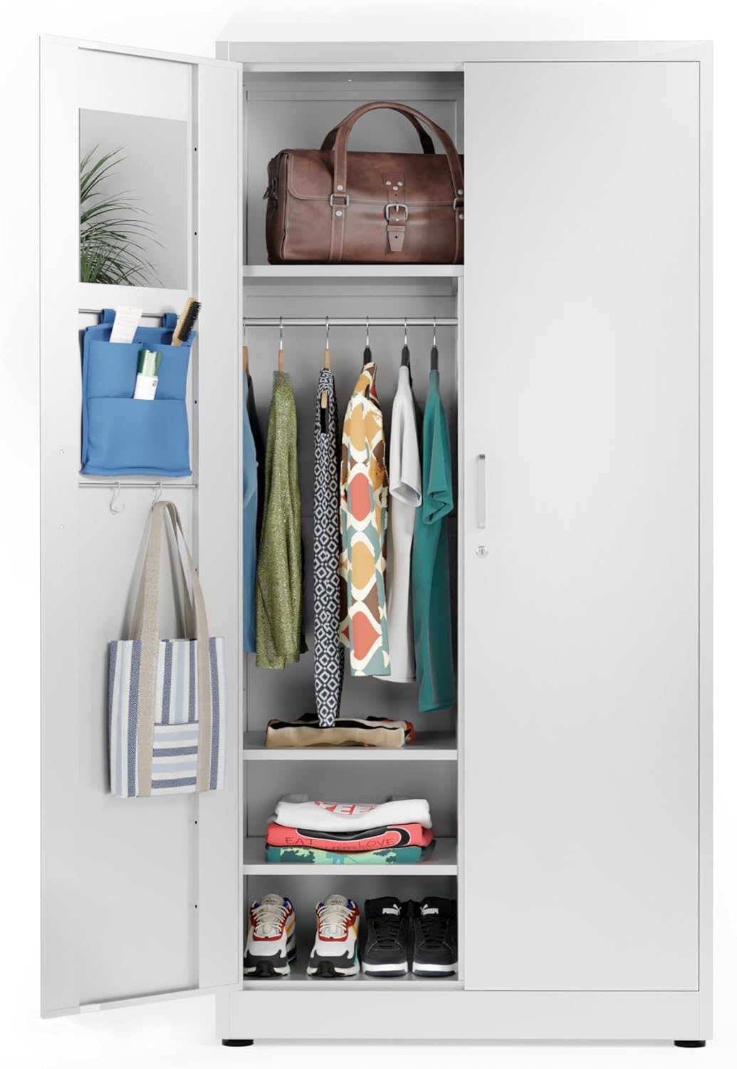 Metal Storage Cabinet Wardrobe - Metal Storage Locker with Locking Doors, Adjustable Shelf Height & Position, Removable Hanging Rods, Mirror & Accessories (Black) - Grand Goldman