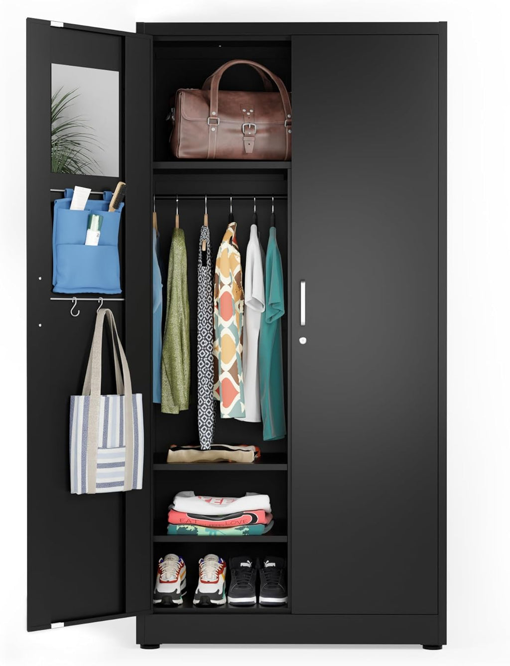 Metal Storage Cabinet Wardrobe - Metal Storage Locker with Locking Doors, Adjustable Shelf Height & Position, Removable Hanging Rods, Mirror & Accessories (Black) - Grand Goldman