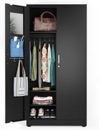 Metal Storage Cabinet Wardrobe - Metal Storage Locker with Locking Doors, Adjustable Shelf Height & Position, Removable Hanging Rods, Mirror & Accessories (Black) - Grand Goldman