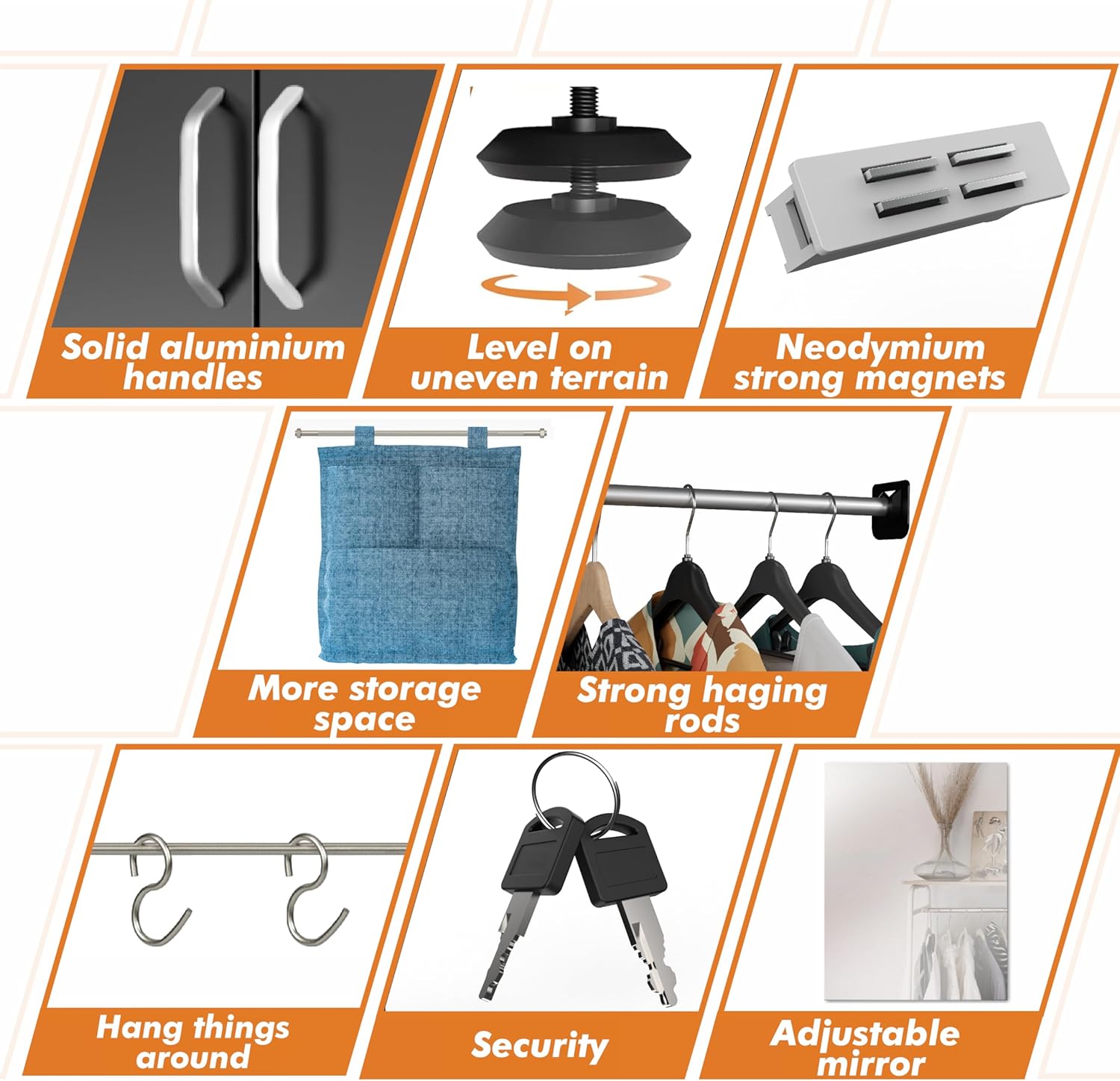 Metal Storage Cabinet Wardrobe - Metal Storage Locker with Locking Doors, Adjustable Shelf Height & Position, Removable Hanging Rods, Mirror & Accessories (Black) - Grand Goldman