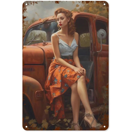 Metal Tin Signs Pin Up Girls Woman Car Sexy Girl Vintage Funny Art Wall Decorations for Home Man Cave Garage Cafe Bars Clubs - Grand Goldman
