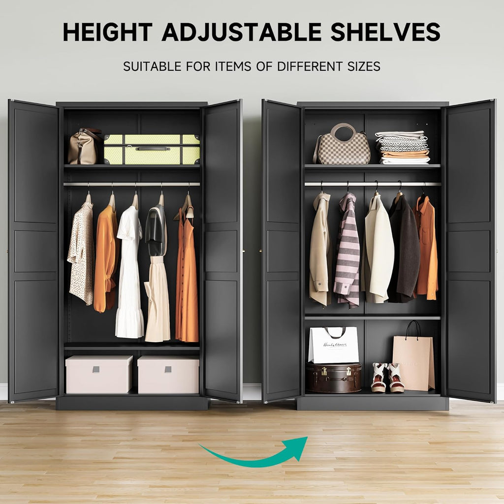 Metal Wardrobe Cabinet,Armoire Wardrobe Closet with doors,Black Metal Clothing Storage Cabinet with Adjustable Shelves and Hanging Rod,72" Wardrobe Storage Cabinet for Home,Bedroom Armoires,Laundry - Grand Goldman