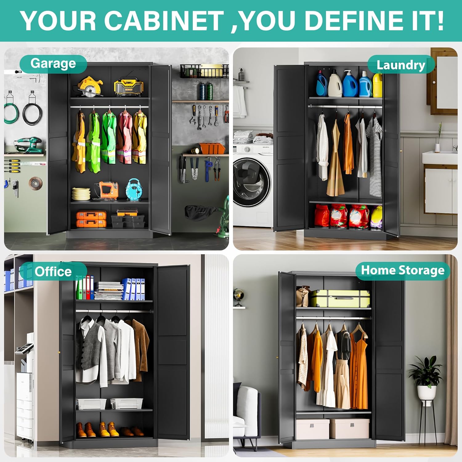 Metal Wardrobe Cabinet,Armoire Wardrobe Closet with doors,Black Metal Clothing Storage Cabinet with Adjustable Shelves and Hanging Rod,72" Wardrobe Storage Cabinet for Home,Bedroom Armoires,Laundry - Grand Goldman