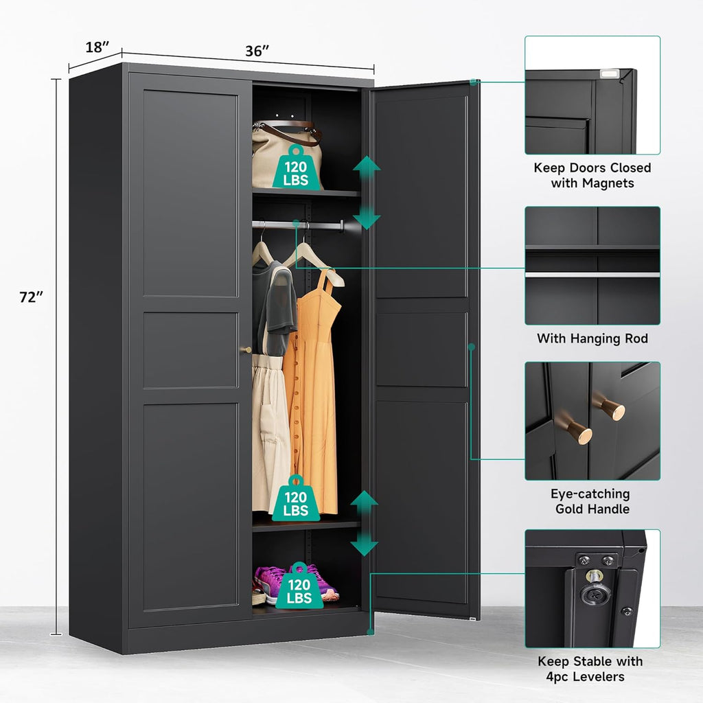 Metal Wardrobe Cabinet,Armoire Wardrobe Closet with doors,Black Metal Clothing Storage Cabinet with Adjustable Shelves and Hanging Rod,72" Wardrobe Storage Cabinet for Home,Bedroom Armoires,Laundry - Grand Goldman
