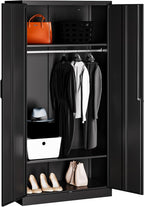 Metal Wardrobe Cabinet,Armoire Wardrobe Closet with doors,Black Metal Clothing Storage Cabinet with Adjustable Shelves and Hanging Rod,72" Wardrobe Storage Cabinet for Home,Bedroom Armoires,Laundry - Grand Goldman