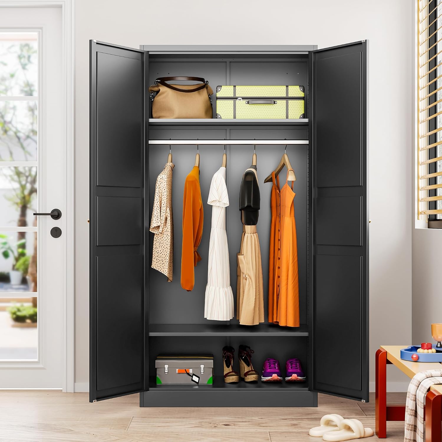 Metal Wardrobe Cabinet,Armoire Wardrobe Closet with doors,Black Metal Clothing Storage Cabinet with Adjustable Shelves and Hanging Rod,72" Wardrobe Storage Cabinet for Home,Bedroom Armoires,Laundry - Grand Goldman