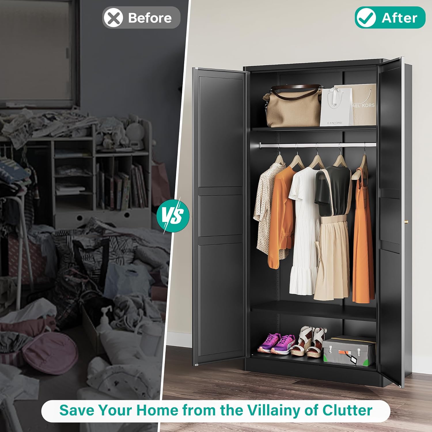 Metal Wardrobe Cabinet,Armoire Wardrobe Closet with doors,Black Metal Clothing Storage Cabinet with Adjustable Shelves and Hanging Rod,72" Wardrobe Storage Cabinet for Home,Bedroom Armoires,Laundry - Grand Goldman