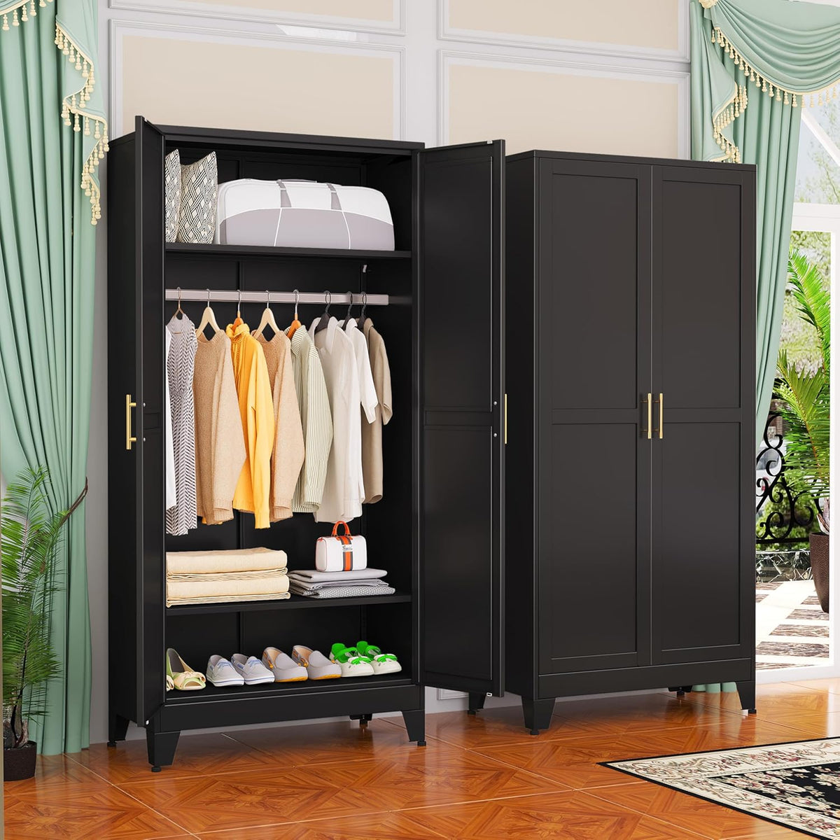Metal Wardrobe Cabinet with Hanging Rod, 70.87" Metal Clothing Storage Cabinets with 2 Doors and Adjustable Shelves, Black Armoire Wardrobe Closet for Bedroom, Laundry Room, Cloak Room - Grand Goldman