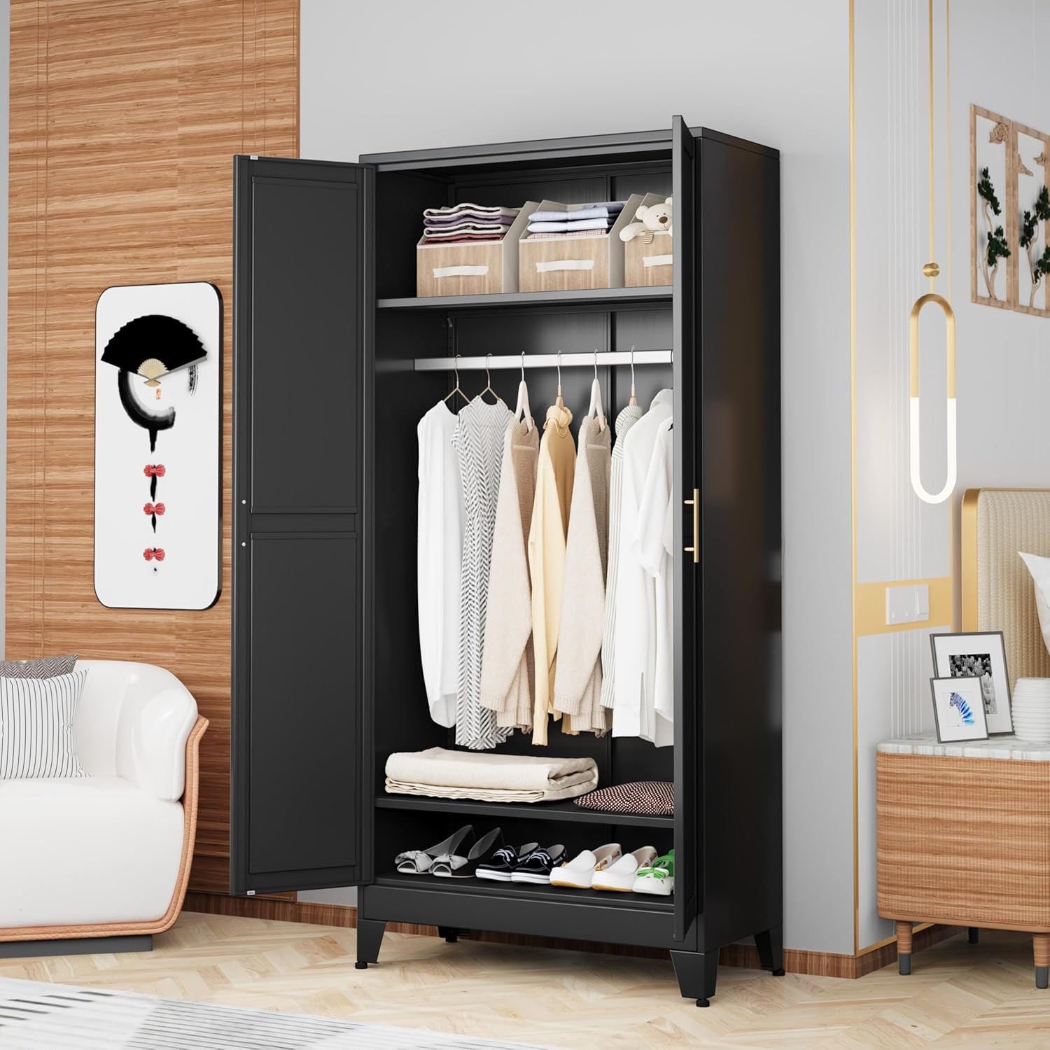 Metal Wardrobe Cabinet with Hanging Rod, 70.87" Metal Clothing Storage Cabinets with 2 Doors and Adjustable Shelves, Black Armoire Wardrobe Closet for Bedroom, Laundry Room, Cloak Room - Grand Goldman