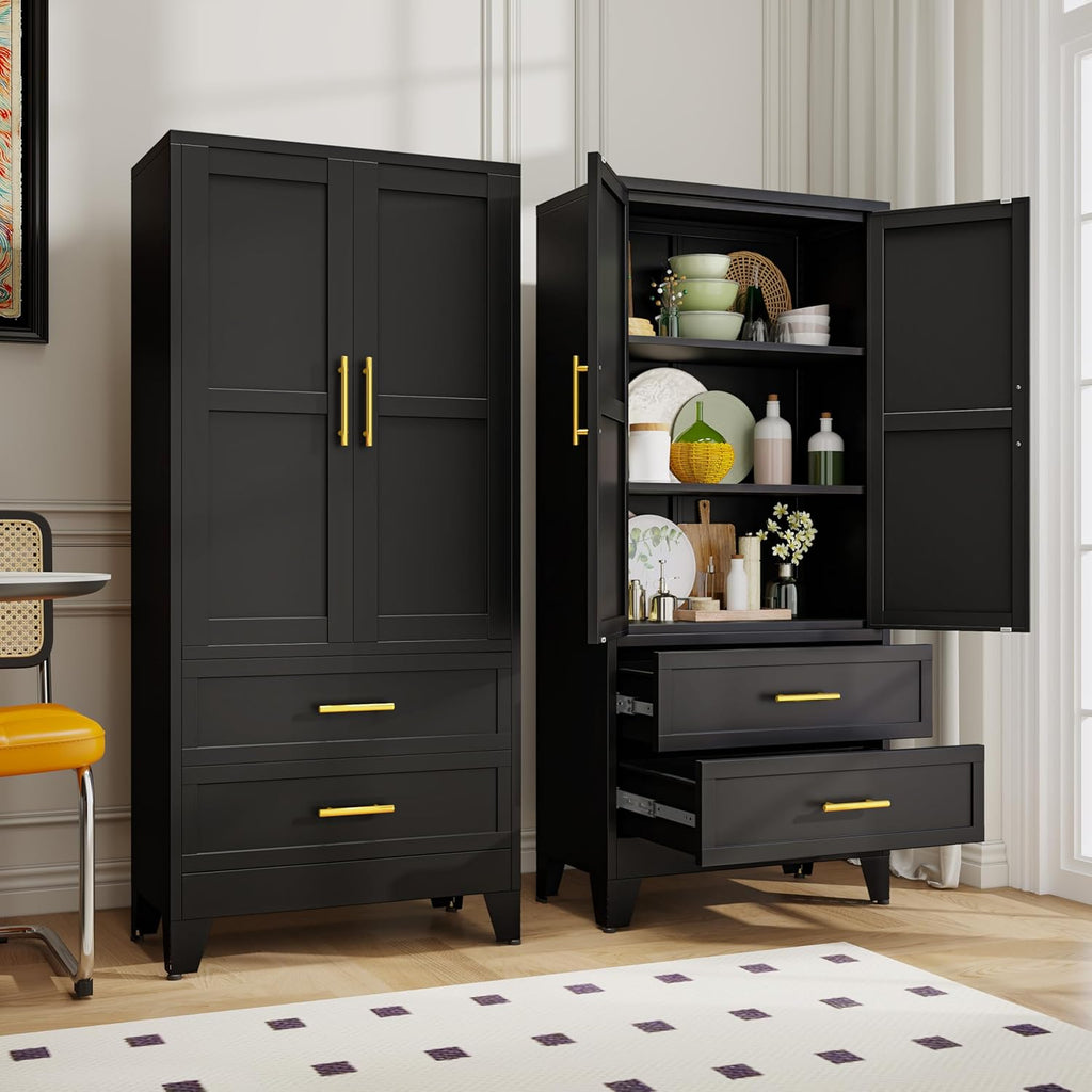 Metal Wardrobe Cabinet with Hanging Rod, 70.87" Metal Clothing Storage Cabinets with 2 Doors and Adjustable Shelves, Black Armoire Wardrobe Closet for Bedroom, Laundry Room, Cloak Room - Grand Goldman